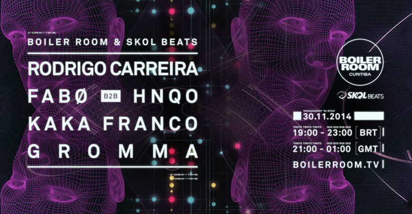 Flyer for event Boiler Room x Skol Beats: Rodrigo Carreira, Fabø B2B HNQO, Kaka Franco & Gromma.