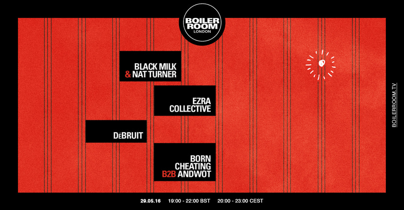 Flyer for event Black Milk and Nat Turner, Ezra Collective, dÉbruit, Born Cheating b2b Andwot.