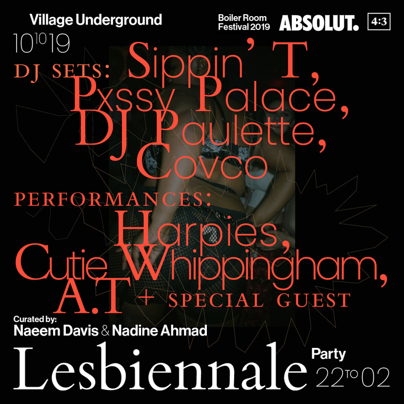 Flyer for event 4:3 - LESBIENNALE 2019: Party.