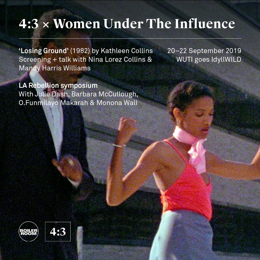 Flyer for event 4:3 x WUTI: 'Losing Ground' screening + L.A. Rebellion symposium.